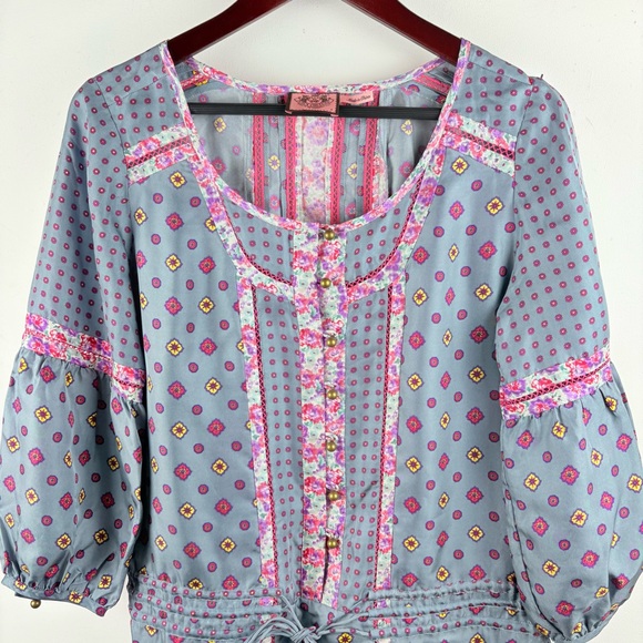 Vintage Juicy Couture 2000s Floral Satin Silk Dress Gold Boho Festival Sz 8 Y2K - Picture 4 of 9